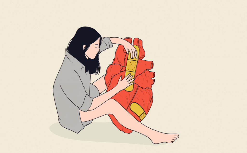 Ilustracija žene koja lepi flastere na srce – metafora za emotivno isceljenje.